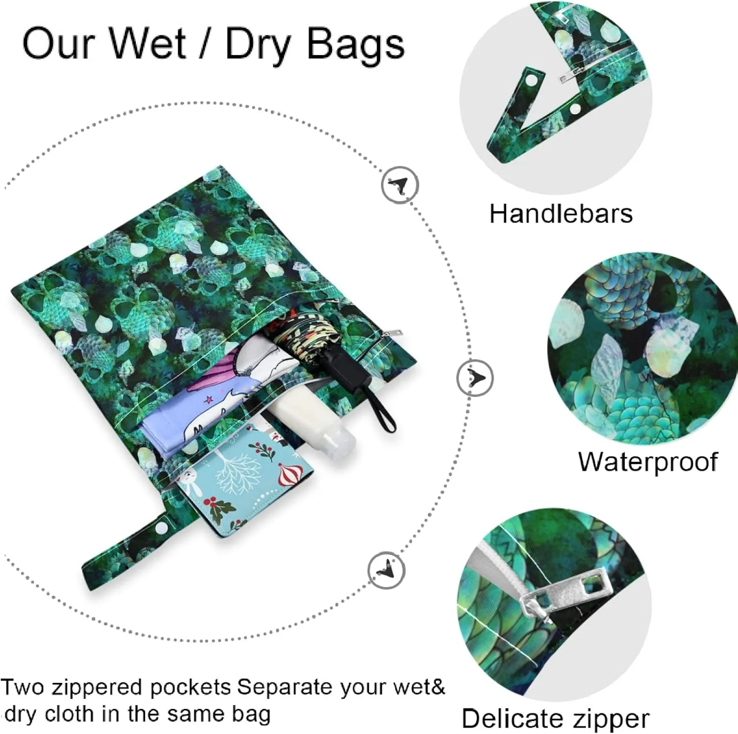 visesunny Mermaid Scale Seashell Skull 2Pcs Wet Bag with Zippered Pockets Washable Reusable Roomy for Travel,Beach,Pool,Daycare,Stroller,Diapers,Dirty Gym Clothes, Wet Swimsuits, Toiletries
