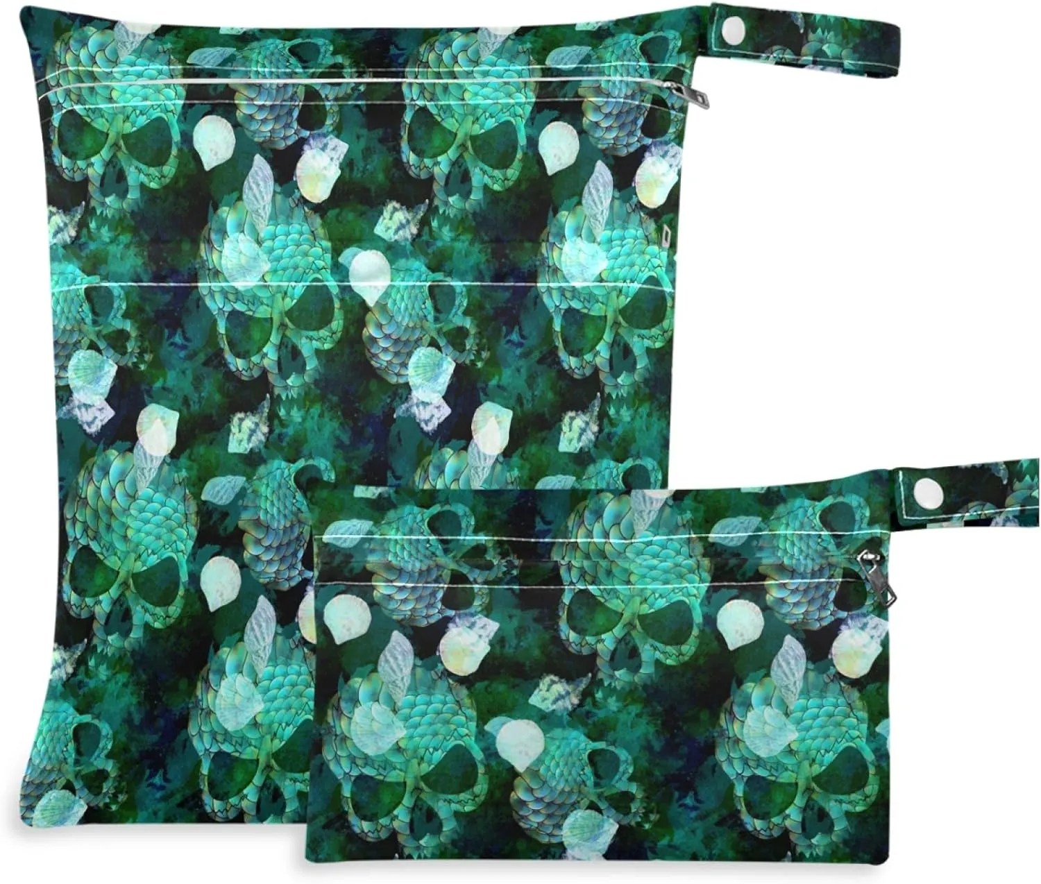 visesunny Mermaid Scale Seashell Skull 2Pcs Wet Bag with Zippered Pockets Washable Reusable Roomy for Travel,Beach,Pool,Daycare,Stroller,Diapers,Dirty Gym Clothes, Wet Swimsuits, Toiletries