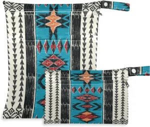 visesunny Tribal Aztec Geometric Pattern 2Pcs Wet Bag with Zippered Pockets Washable Reusable Roomy for Travel,Beach,Pool,Daycare,Stroller,Diapers,Dirty Gym Clothes, Wet Swimsuits, Toiletries