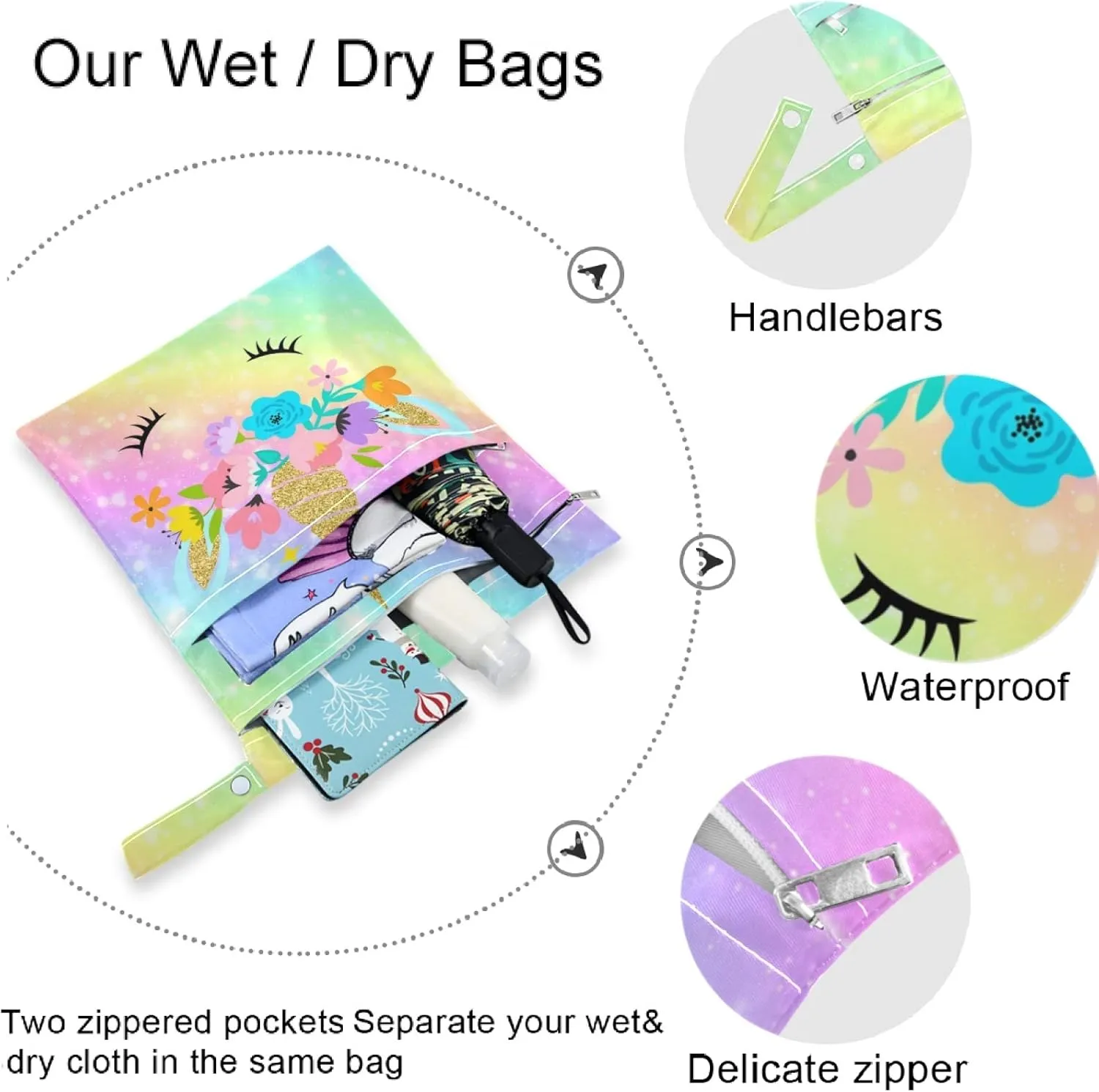 visesunny Unicorn Galaxy Fantasy Rainbow 2Pcs Wet Bag with Zippered Pockets Washable Reusable Roomy for Travel,Beach,Pool,Daycare,Stroller,Diapers,Dirty Gym Clothes, Wet Swimsuits, Toiletries