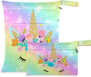 visesunny Unicorn Galaxy Fantasy Rainbow 2Pcs Wet Bag with Zippered Pockets Washable Reusable Roomy for Travel,Beach,Pool,Daycare,Stroller,Diapers,Dirty Gym Clothes, Wet Swimsuits, Toiletries