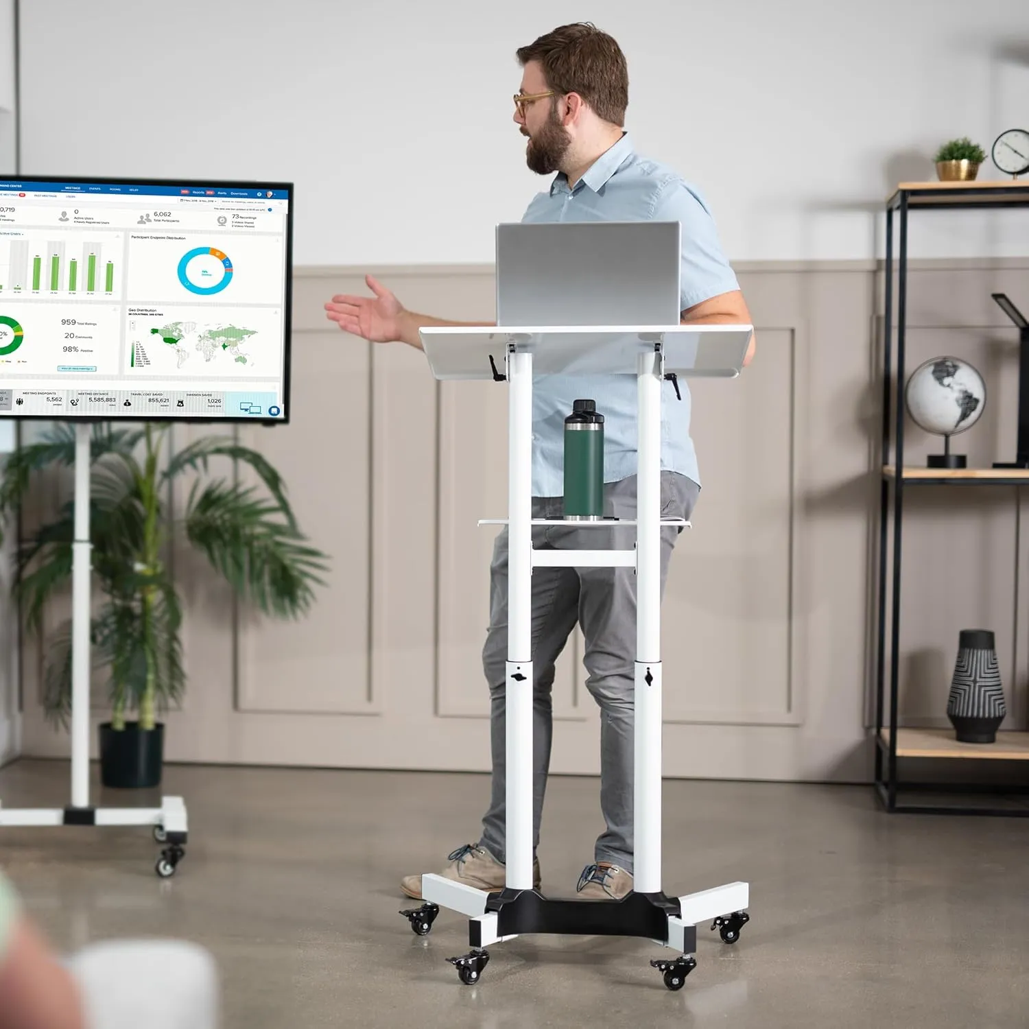 VIVO Mobile 24 x 16 inch Lectern Podium, Height Adjustable Steel Rolling Laptop Cart on Wheels, White, CART-V03W