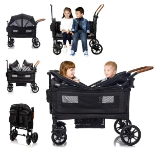 Wagon Stroller for 2 Kids & Cargo-Push-Pull Travel Double Stroller Lightweight Folding Stroller for Toddler with 5-Point Harness,Adjustable Handle Bar and Canopy,Tray Table,Cup Holder,Storage