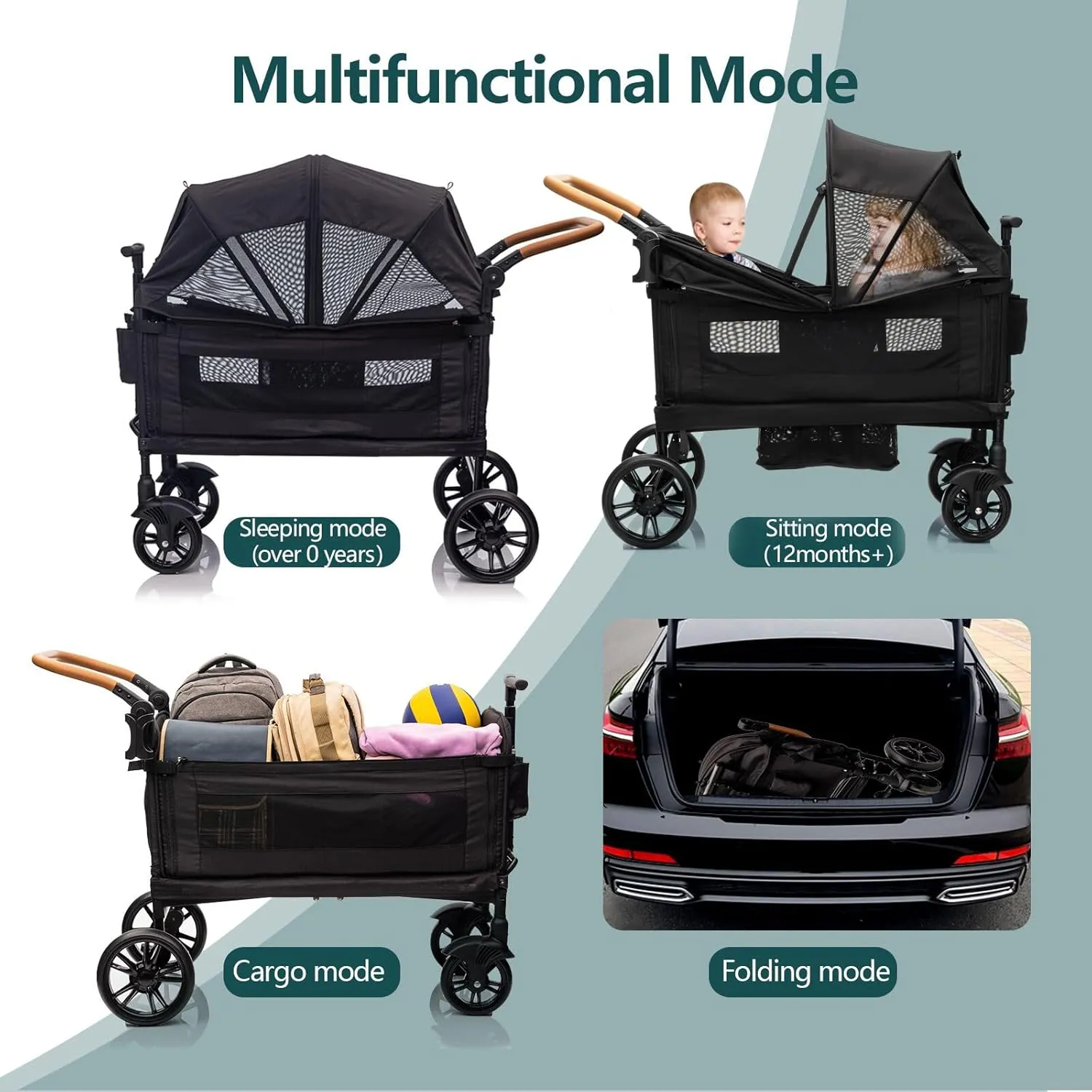 Wagon Stroller for 2 Kids & Cargo-Push-Pull Travel Double Stroller Lightweight Folding Stroller for Toddler with 5-Point Harness,Adjustable Handle Bar and Canopy,Tray Table,Cup Holder,Storage