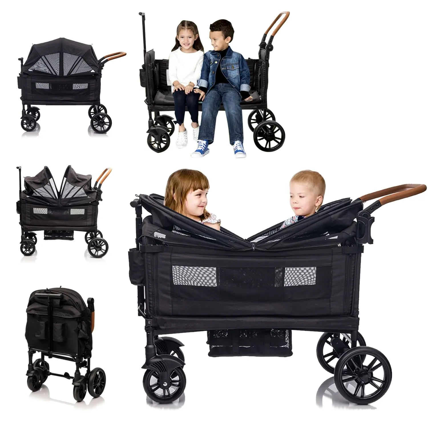 Wagon Stroller for 2 Kids & Cargo-Push-Pull Travel Double Stroller Lightweight Folding Stroller for Toddler with 5-Point Harness,Adjustable Handle Bar and Canopy,Tray Table,Cup Holder,Storage