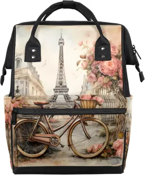 Watercolor Bike Tower Rose Diaper Bag Mommy Bags With Adjustable Shoulder Strap Waterproof Multifunction Shoulder Bag Travel Large Capacity Backpack for Moms And Dads