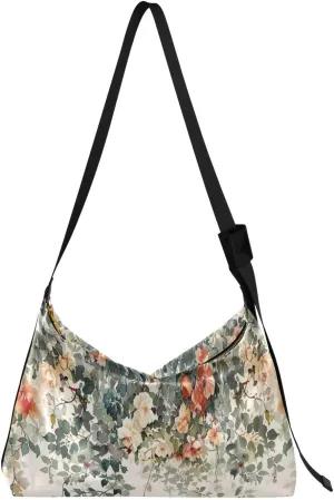 Watercolor Floral Garland Shoulder Bag for Women Waterproof PU Leather Hobo Bags Crossbody Purse with Zipper Closure