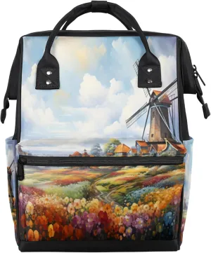 Watercolor Flower Windmill Diaper Bag Mommy Bags With Adjustable Shoulder Strap Waterproof Multifunction Shoulder Bag Travel Large Capacity Backpack for Moms And Dads