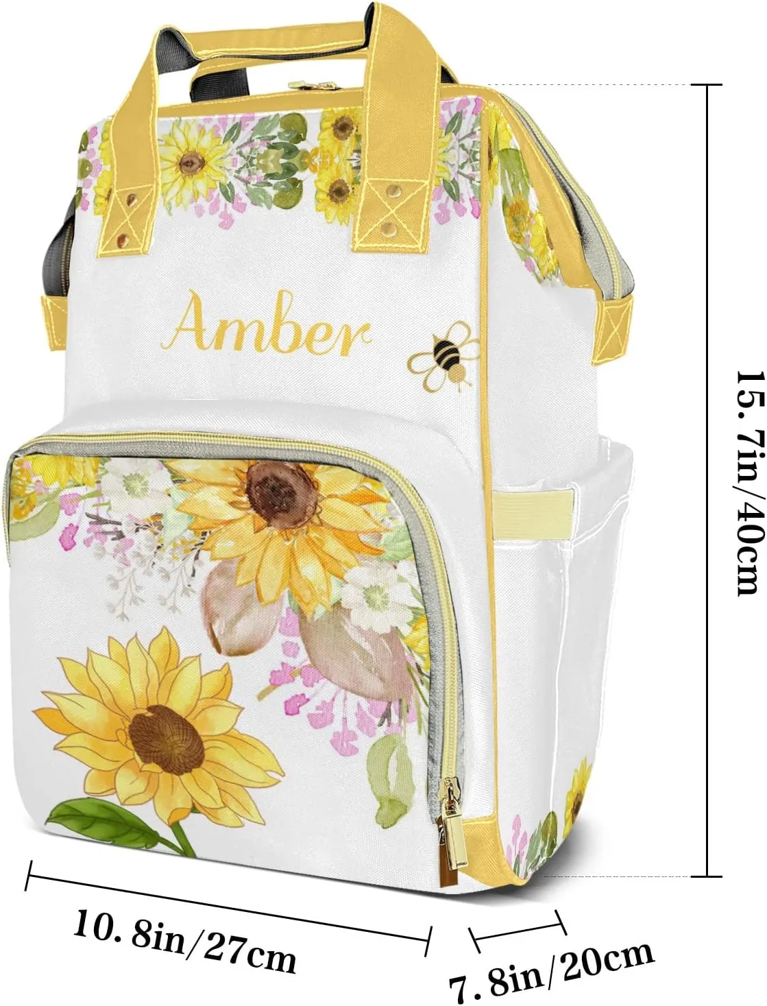 Watercolor Sunflower Bee Diaper Bags with Name Personalized Baby Bag Travel Tote Bag Waterproof Backpack for Mom Gift