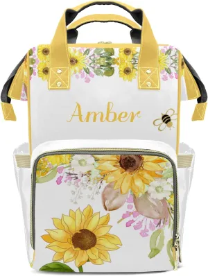 Watercolor Sunflower Bee Diaper Bags with Name Personalized Baby Bag Travel Tote Bag Waterproof Backpack for Mom Gift