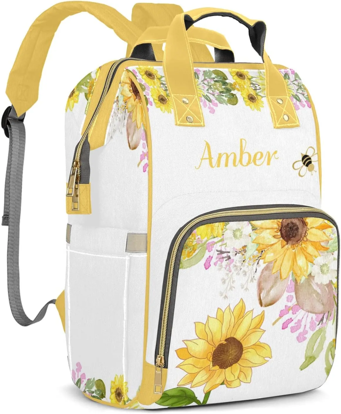 Watercolor Sunflower Bee Diaper Bags with Name Personalized Baby Bag Travel Tote Bag Waterproof Backpack for Mom Gift