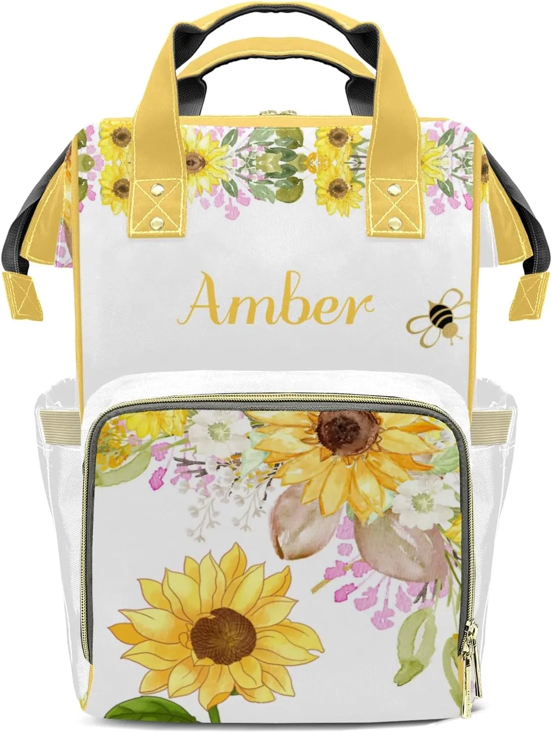 Watercolor Sunflower Bee Diaper Bags with Name Personalized Baby Bag Travel Tote Bag Waterproof Backpack for Mom Gift