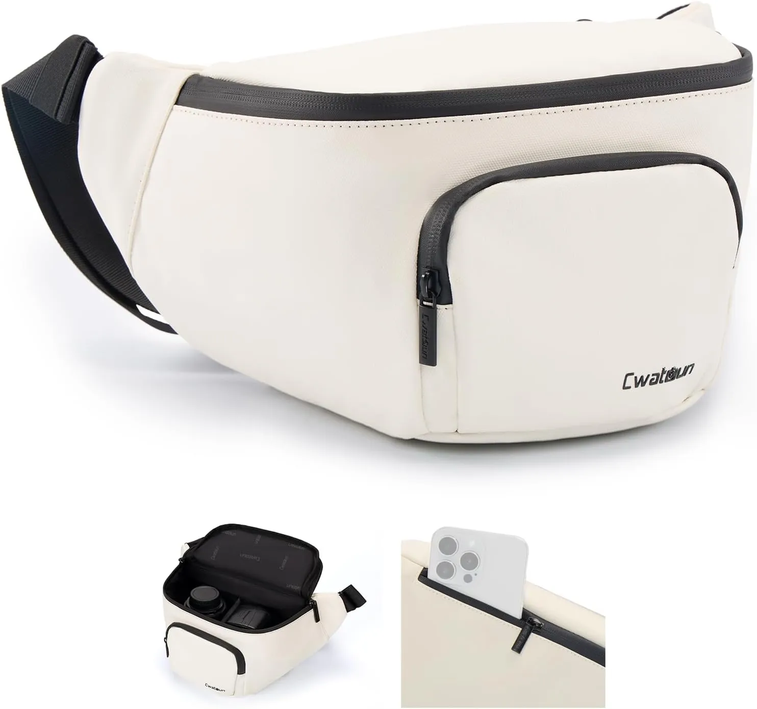 Waterproof Camera Waist Bag - Cwatcun Compact Camera Case, Lightweight Portable Fanny Pack, Daily Carry Storage Case Crossbody Bag for Canon, Nikon, Sony, Fuji DSLR/SLR/Mirrorless Camera, Lens, White