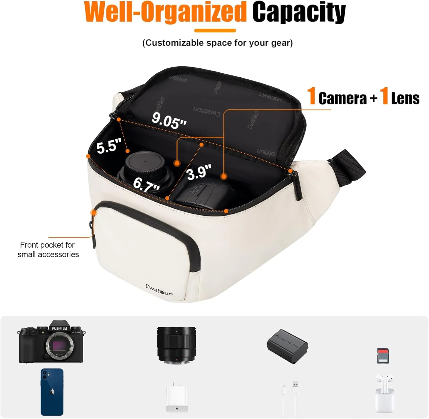 Waterproof Camera Waist Bag - Cwatcun Compact Camera Case, Lightweight Portable Fanny Pack, Daily Carry Storage Case Crossbody Bag for Canon, Nikon, Sony, Fuji DSLR/SLR/Mirrorless Camera, Lens, White