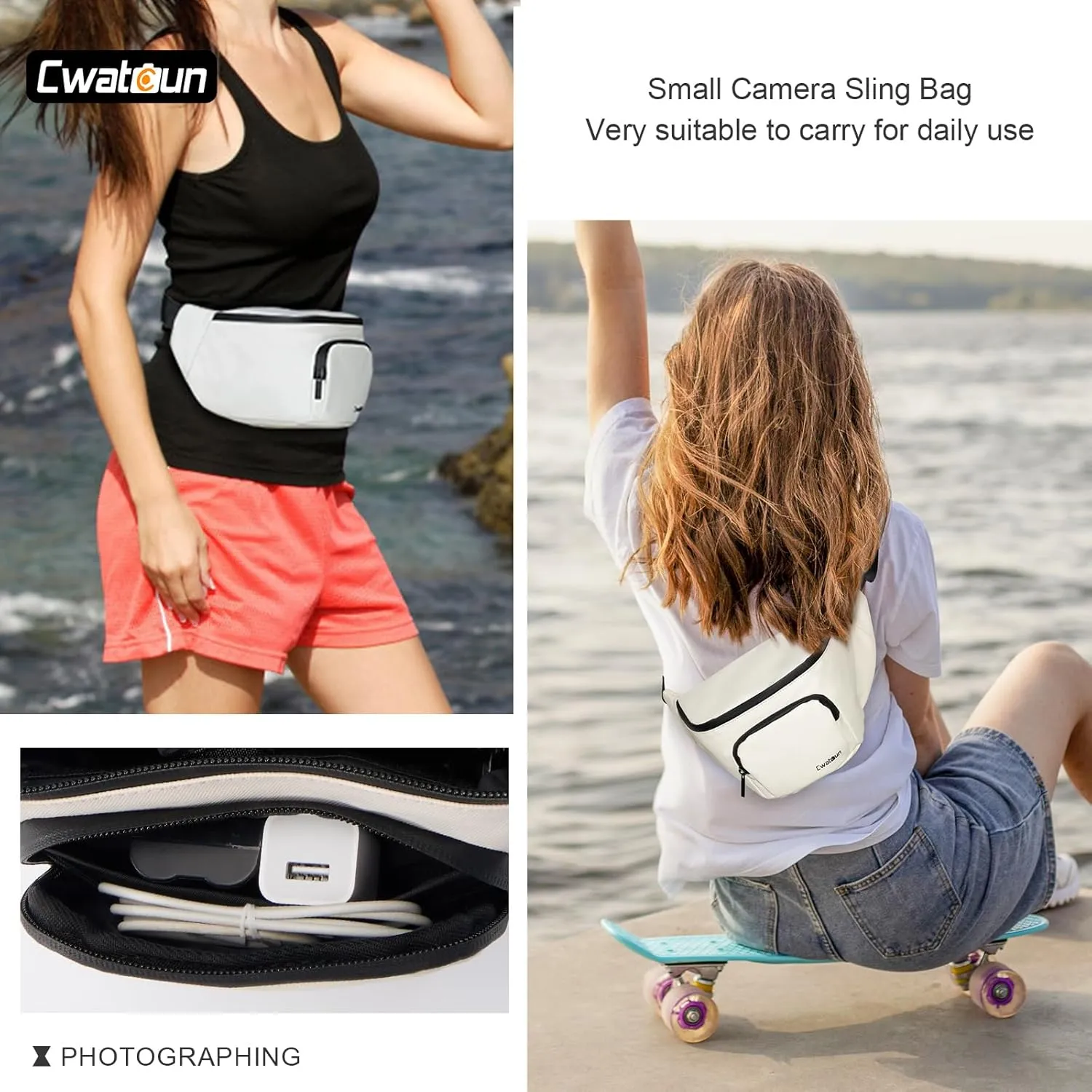 Waterproof Camera Waist Bag - Cwatcun Compact Camera Case, Lightweight Portable Fanny Pack, Daily Carry Storage Case Crossbody Bag for Canon, Nikon, Sony, Fuji DSLR/SLR/Mirrorless Camera, Lens, White