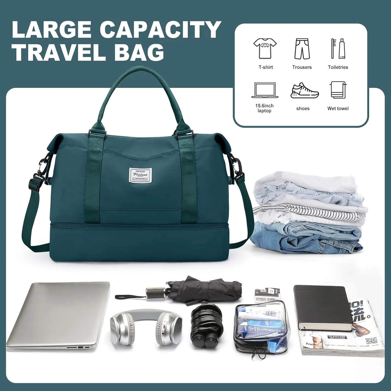 Weekender Bags for Women, Travel Duffel Bags with Shoe Compartment,Personal Item Travel Bag for Airlines, Carry on Overnight Tote Bag for women with Toiletry Bag, Peacock Blue