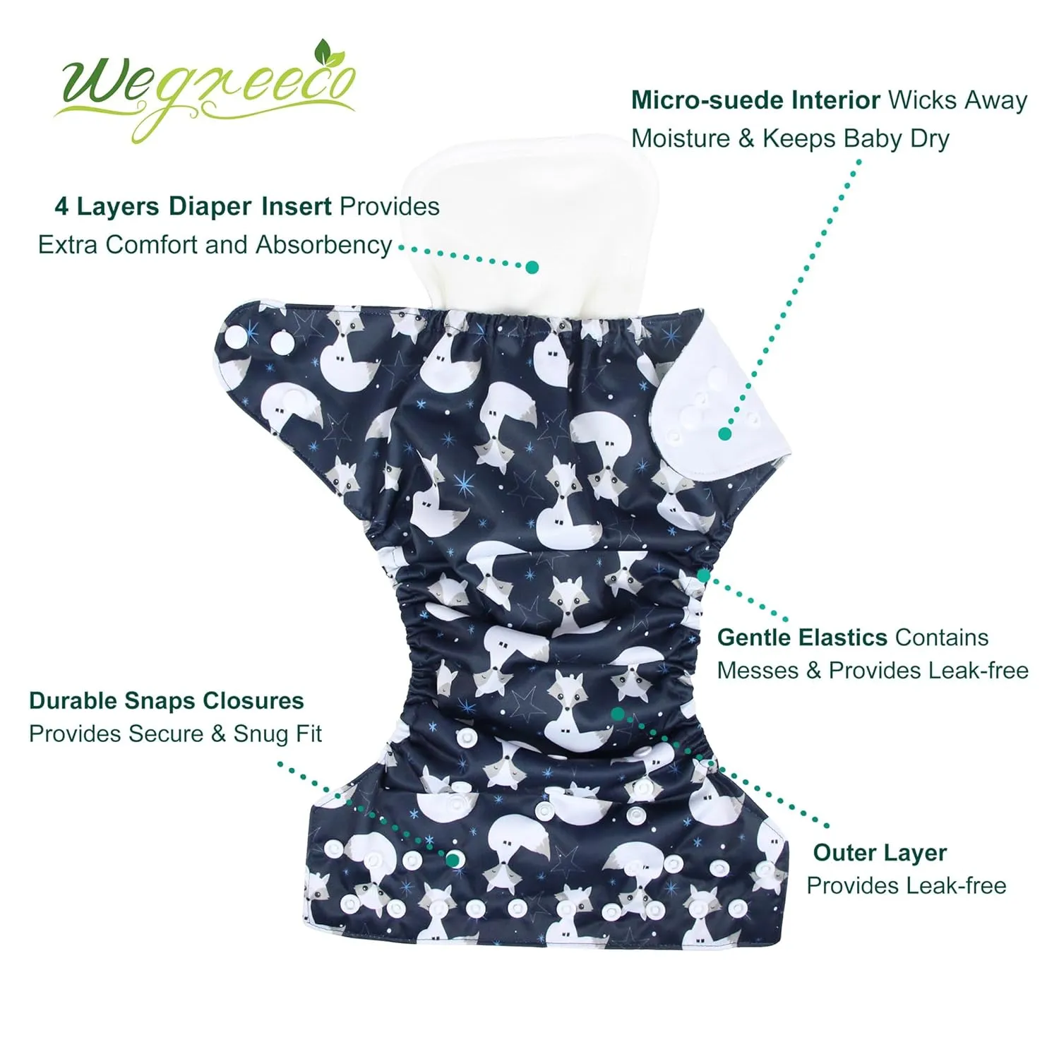 wegreeco Cloth Diapers 6 Pack with 6 Inserts & 1 Wet Bag, Washable Cloth Diapers for Babies, One Size Adjustable Reusable (Cool Animals)