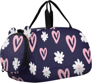 White Flowers and Hearts Duffel Bags for Boys Small Gym Bags for Teens Dance Bag for Girls