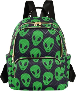 Women Backpack Green Aliens Face Anti-Theft Travel Backpack with Luggage Belt Lightweight Handbag Lady Purse Roomy Double Zipper Weekend Bag for Everyday Use