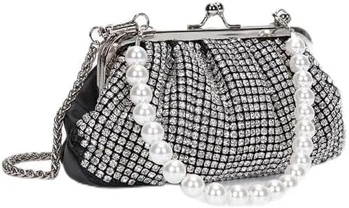 Women Evening Bag Pearl Strap Clutch Purse Bling Crystal Sparkly Rhinestone Handbag for Wedding Prom Party