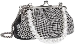 Women Evening Bag Pearl Strap Clutch Purse Bling Crystal Sparkly Rhinestone Handbag for Wedding Prom Party