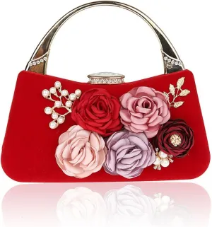 Women Flower Evening Bag Clutch Purse Metal Frame Large Wedding Red Vintage Purse Carved Handle handbag for party Cocktail