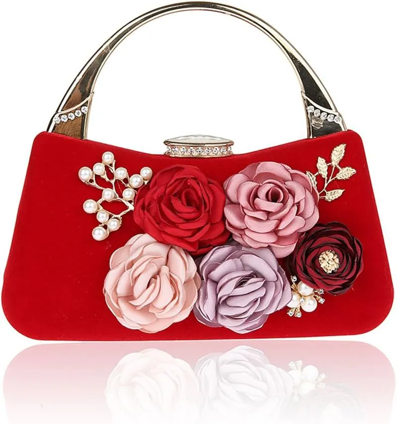 Women Flower Evening Bag Clutch Purse Metal Frame Large Wedding Red Vintage Purse Carved Handle handbag for party Cocktail