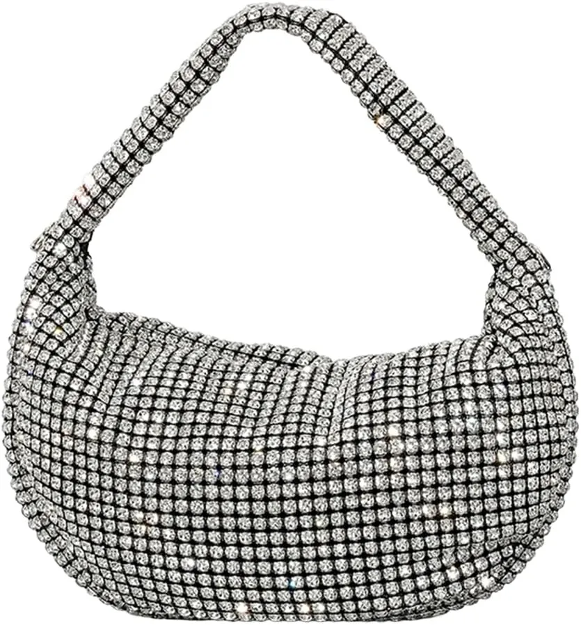 Women Glitter Handbag Sparkly Rhinestone Fashion Dumpling Bag Simple Evening Clutch Stylish Armpit Bag Chic Clutc