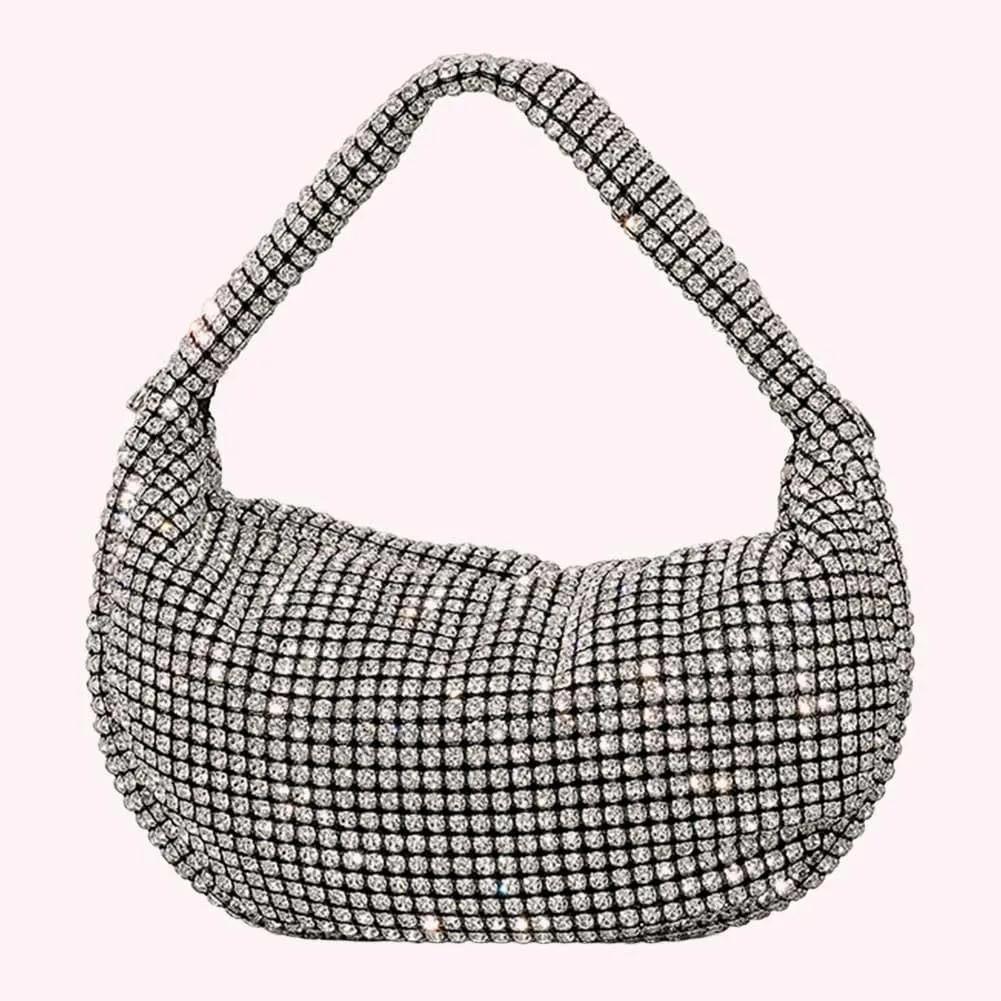 Women Glitter Handbag Sparkly Rhinestone Fashion Dumpling Bag Simple Evening Clutch Stylish Armpit Bag Chic Clutc