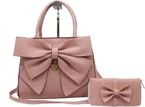 Women Handbag 2 Pcs Set Big Bow-Knot PU Leather Top Handle Bag Designer Tote Bag Clutch Wallet Set for Ladies