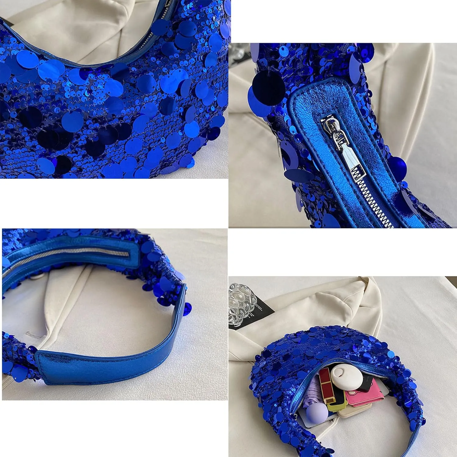 Women Hobo Handbags Sparkly Sequins Underarm Bag Y2k Shiny Evening Clutch PU Leather Crescent Moon Underarm Bag