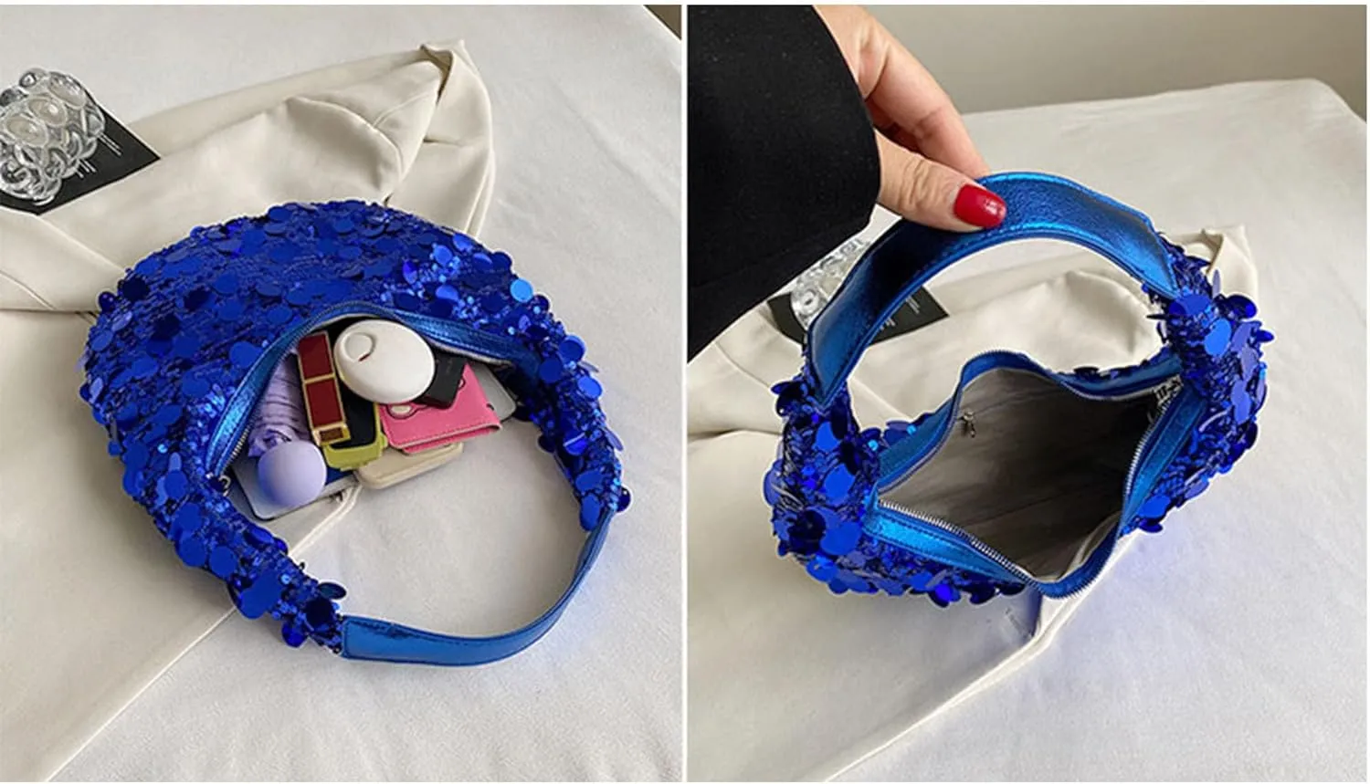 Women Hobo Handbags Sparkly Sequins Underarm Bag Y2k Shiny Evening Clutch PU Leather Crescent Moon Underarm Bag