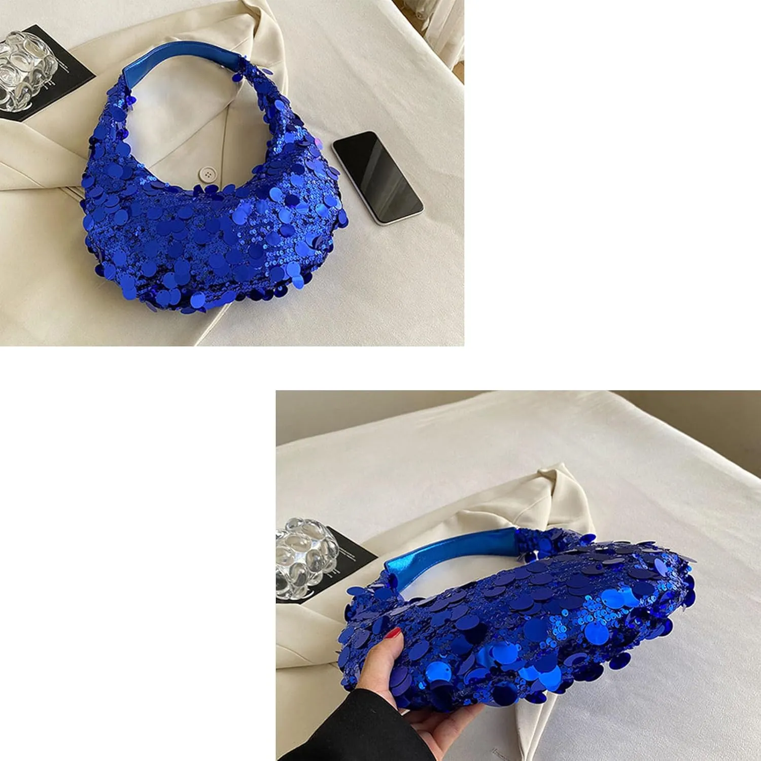 Women Hobo Handbags Sparkly Sequins Underarm Bag Y2k Shiny Evening Clutch PU Leather Crescent Moon Underarm Bag