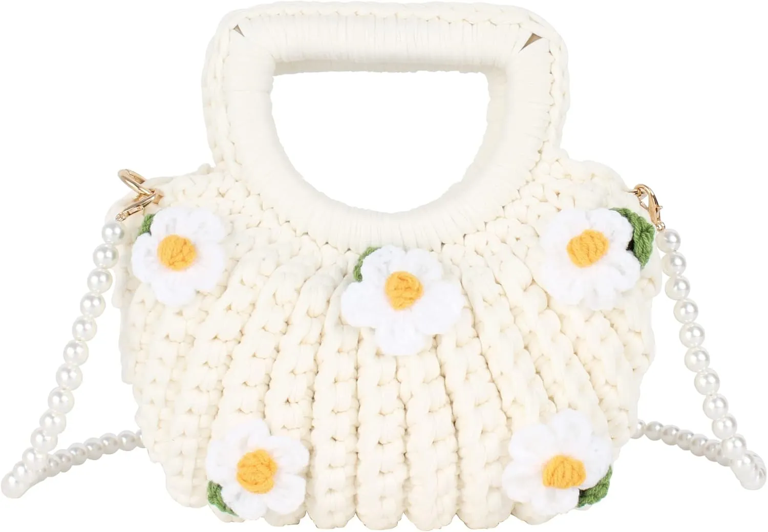 Women Mini Gardenia Flower Decoration Cotton Seashell Thread Crochet Cross-body Bag Top-handle Bag Clutch