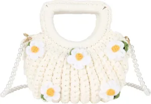 Women Mini Gardenia Flower Decoration Cotton Seashell Thread Crochet Cross-body Bag Top-handle Bag Clutch