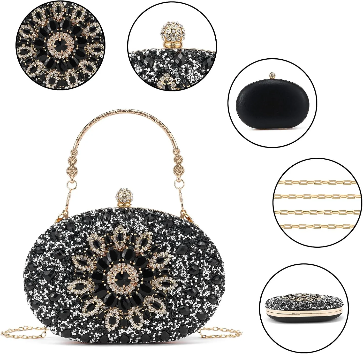 Women Multicolor Rhinestone Evening Clutch Purses Bridal Oval Sparkly Diamond Clutch Bag Crystal Wedding Prom Handbag