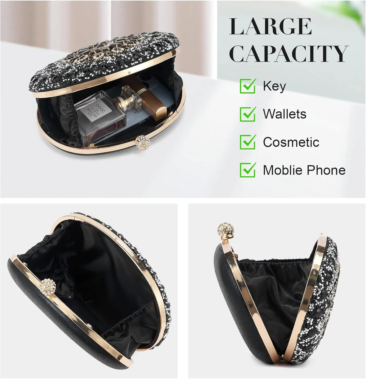 Women Multicolor Rhinestone Evening Clutch Purses Bridal Oval Sparkly Diamond Clutch Bag Crystal Wedding Prom Handbag
