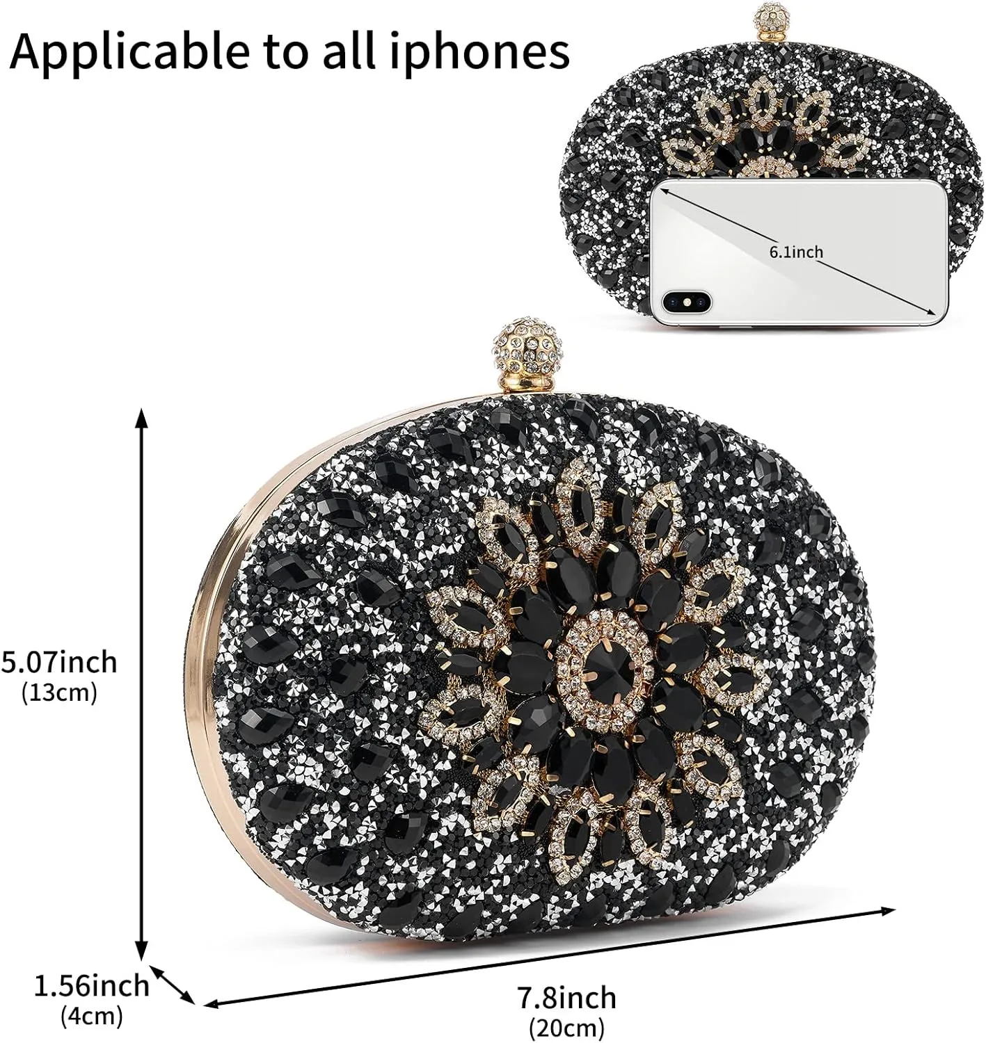 Women Multicolor Rhinestone Evening Clutch Purses Bridal Oval Sparkly Diamond Clutch Bag Crystal Wedding Prom Handbag