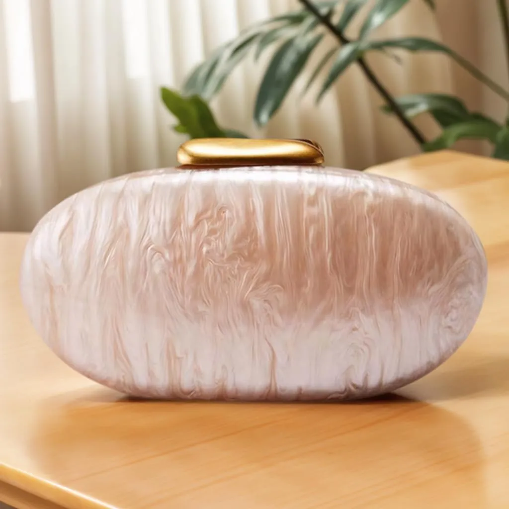 Women Noble Marble Acrylic Evening Clutch Bag Elegant Oval Handbag with Chain for Wedding Guest Bridesmaid