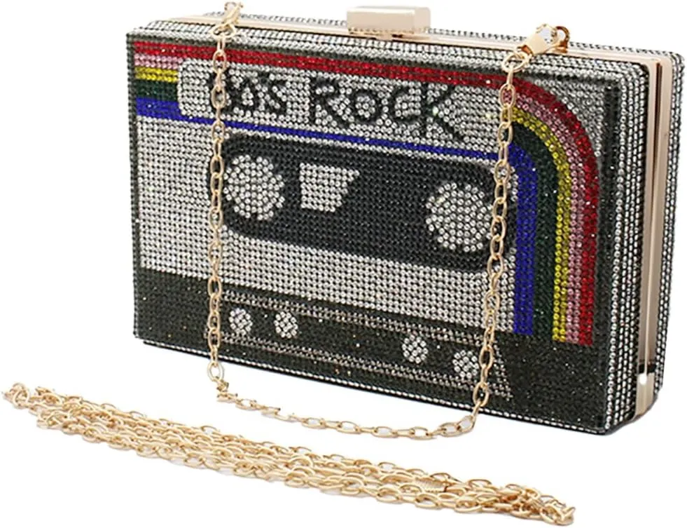 Women Retro Radio Tape-shape Rhinestone Clutch Purse Vintage Crystal Evening Handbag Party Cocktail Shoulder Bag