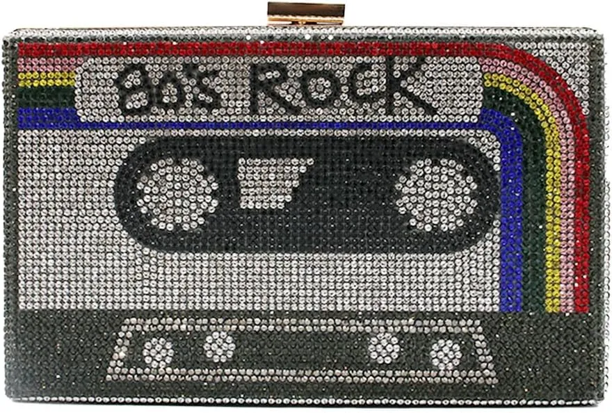 Women Retro Radio Tape-shape Rhinestone Clutch Purse Vintage Crystal Evening Handbag Party Cocktail Shoulder Bag
