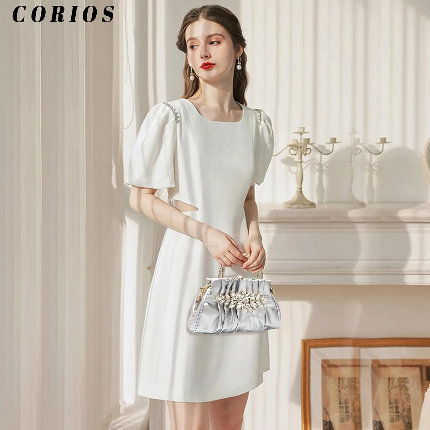 Women Rhinestone Evening Bag Pleated Clutch Bag Bridal Wedding Purse Glitter Crystal Shoulder Bag PU Leather Handbag