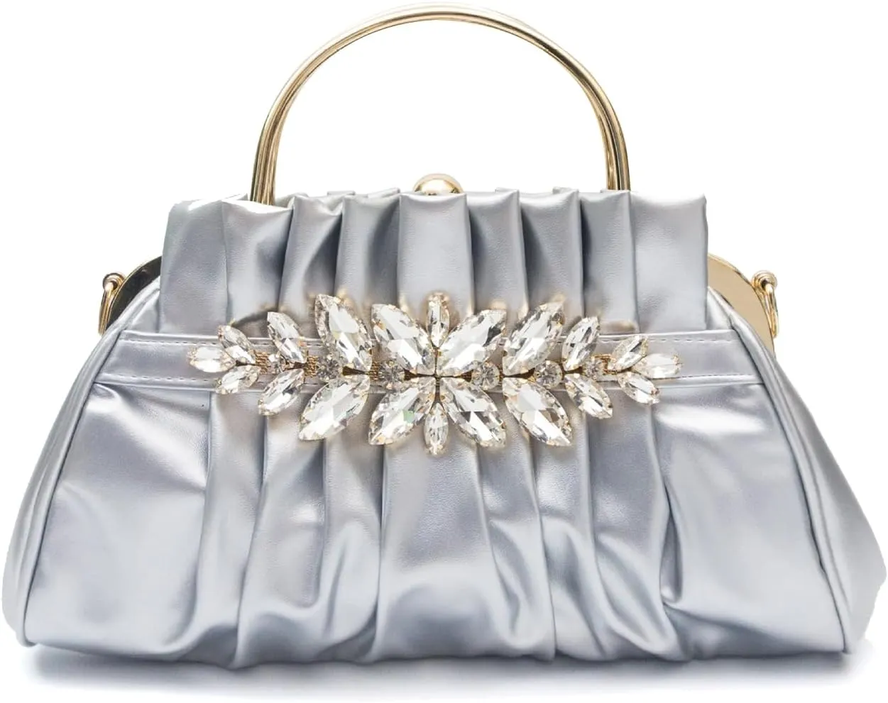 Women Rhinestone Evening Bag Pleated Clutch Bag Bridal Wedding Purse Glitter Crystal Shoulder Bag PU Leather Handbag