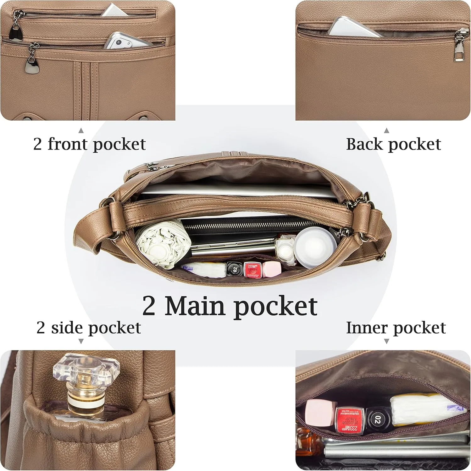 Women Soft PU Leather Shoulder Handbag Multi Pocket Crossbody Bag Ladies Medium Roomy Purses Fashion Tote Top Handle Satchel