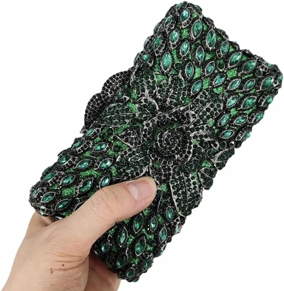 Women Sparkling Rose Crystal Evening Clutch Floral Rhinestone Wedding Purse Chic Flower Handbag for Prom Dating