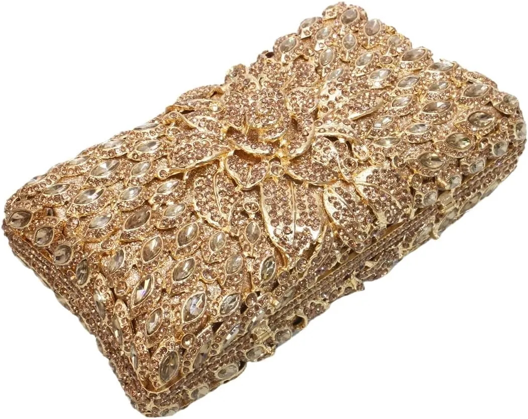 Women Sparkling Rose Crystal Evening Clutch Floral Rhinestone Wedding Purse Chic Flower Handbag for Prom Dating
