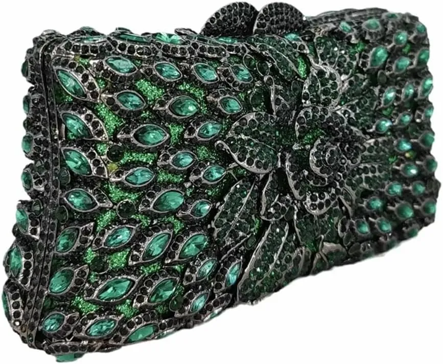 Women Sparkling Rose Crystal Evening Clutch Floral Rhinestone Wedding Purse Chic Flower Handbag for Prom Dating