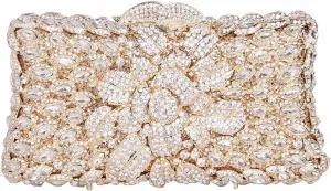 Women Sparkling Rose Crystal Evening Clutch Floral Rhinestone Wedding Purse Chic Flower Handbag for Prom Dating