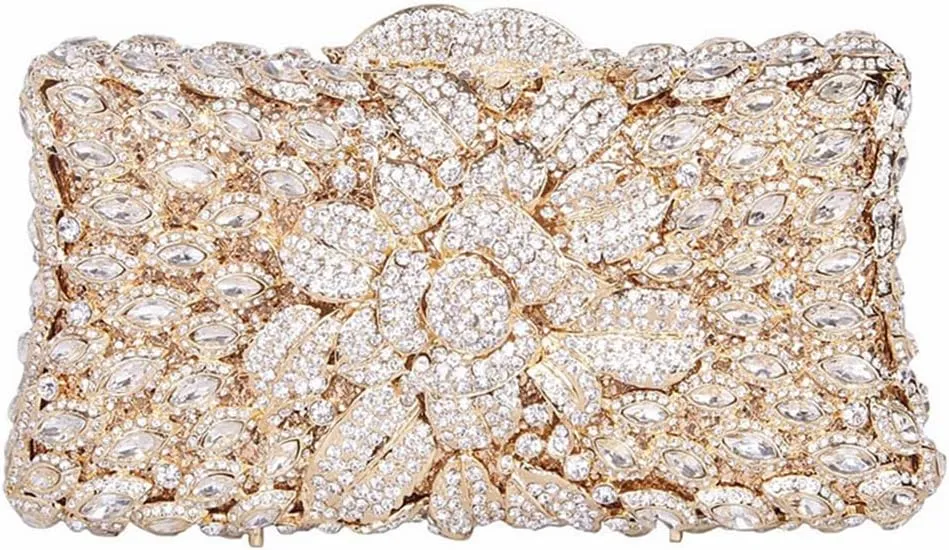 Women Sparkling Rose Crystal Evening Clutch Floral Rhinestone Wedding Purse Chic Flower Handbag for Prom Dating