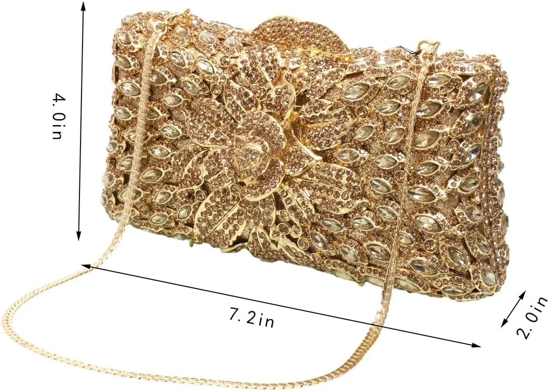 Women Sparkling Rose Crystal Evening Clutch Floral Rhinestone Wedding Purse Chic Flower Handbag for Prom Dating